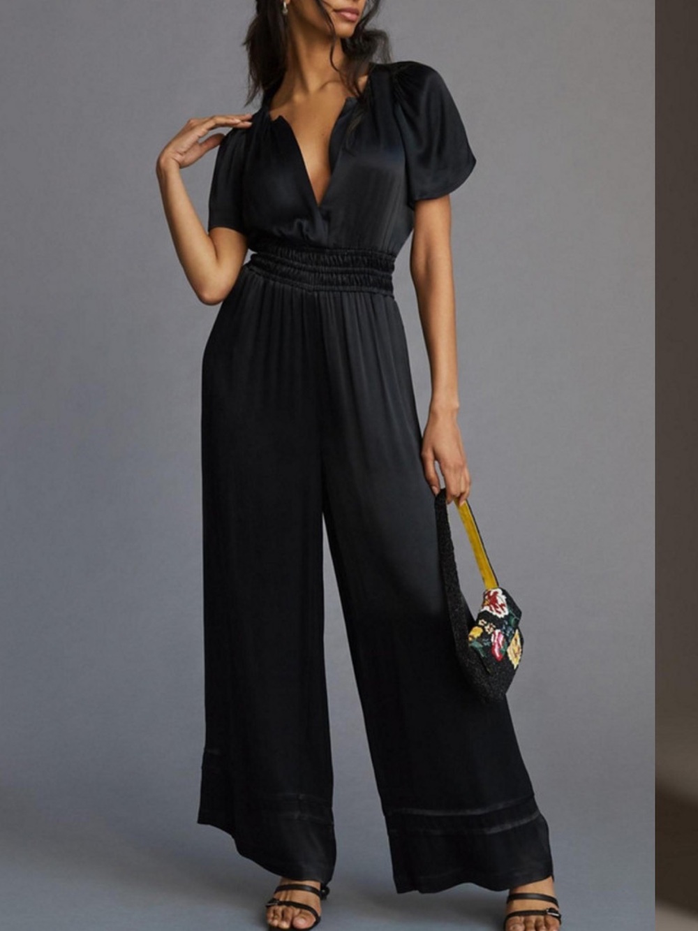 Anthropologie Black Satin Wide-Leg Jumpsuit